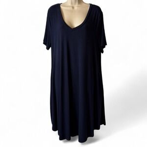 Zenana Premium Navy V‎ Neck T Shirt Dress With Pockets, Women's Size 2X.